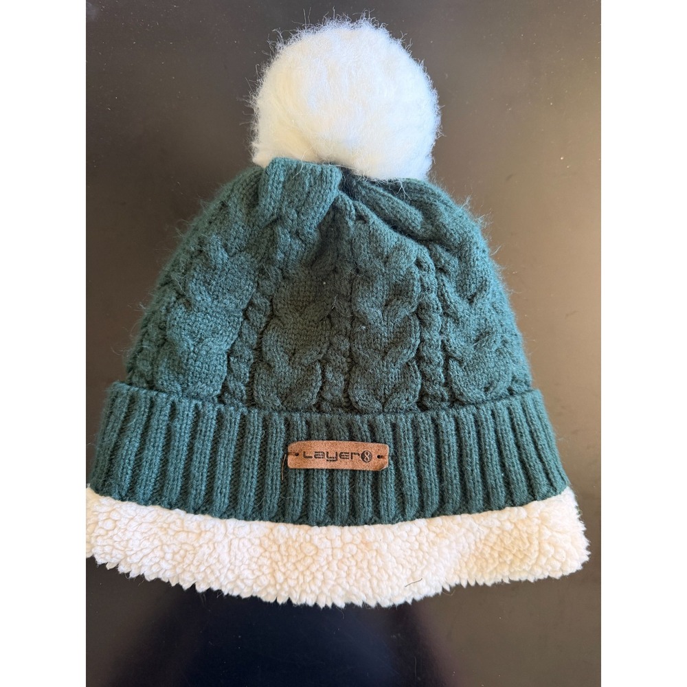 Layer 8 Women's Forest Green Cable Knit Winter Hat with White Faux Fur Pom